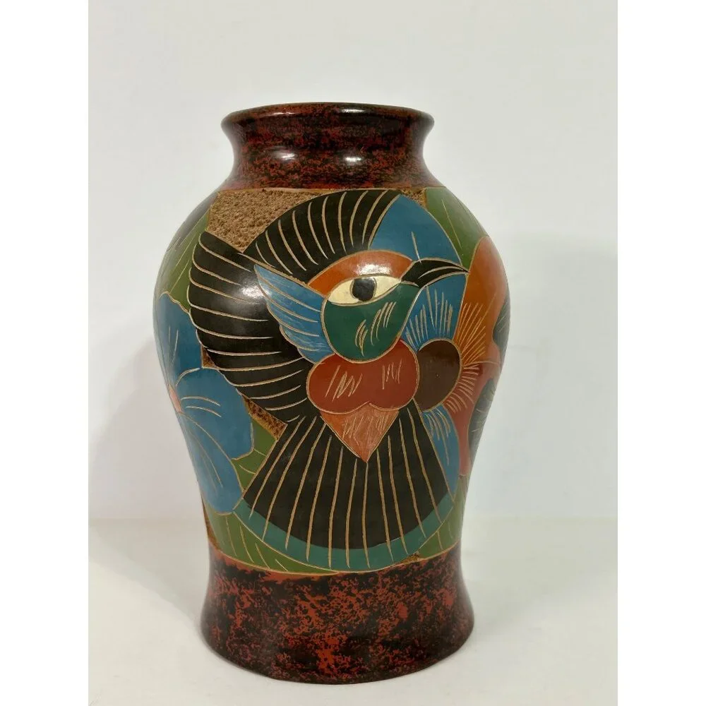 Handcrafted Ceramic Folk Art Vase Parrot & Fish Design Green Blue Red Cost Rica - Picture 3 of 10